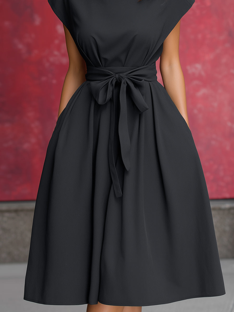 High-Neck Belted Midi Dress With Cap Sleeves