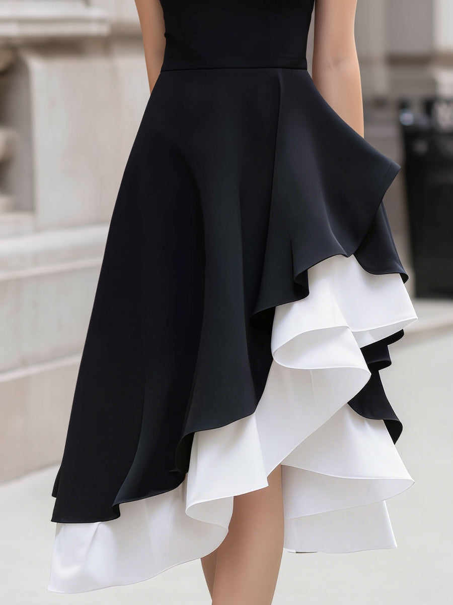 Contrast Ruffle High-Neck Asymmetrical Midi Dress