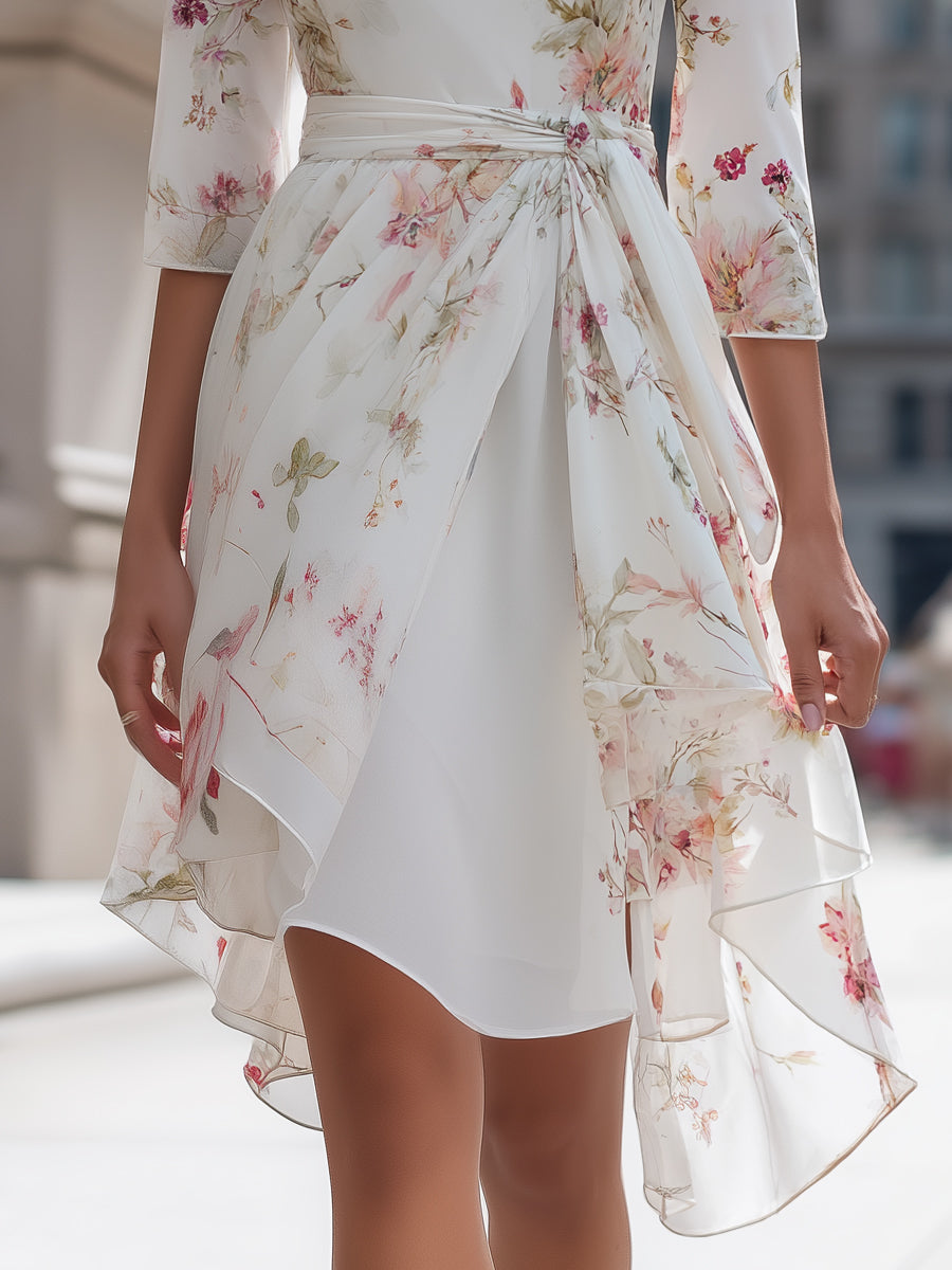 Floral Chiffon Asymmetrical Midi Dress With Waist Tie