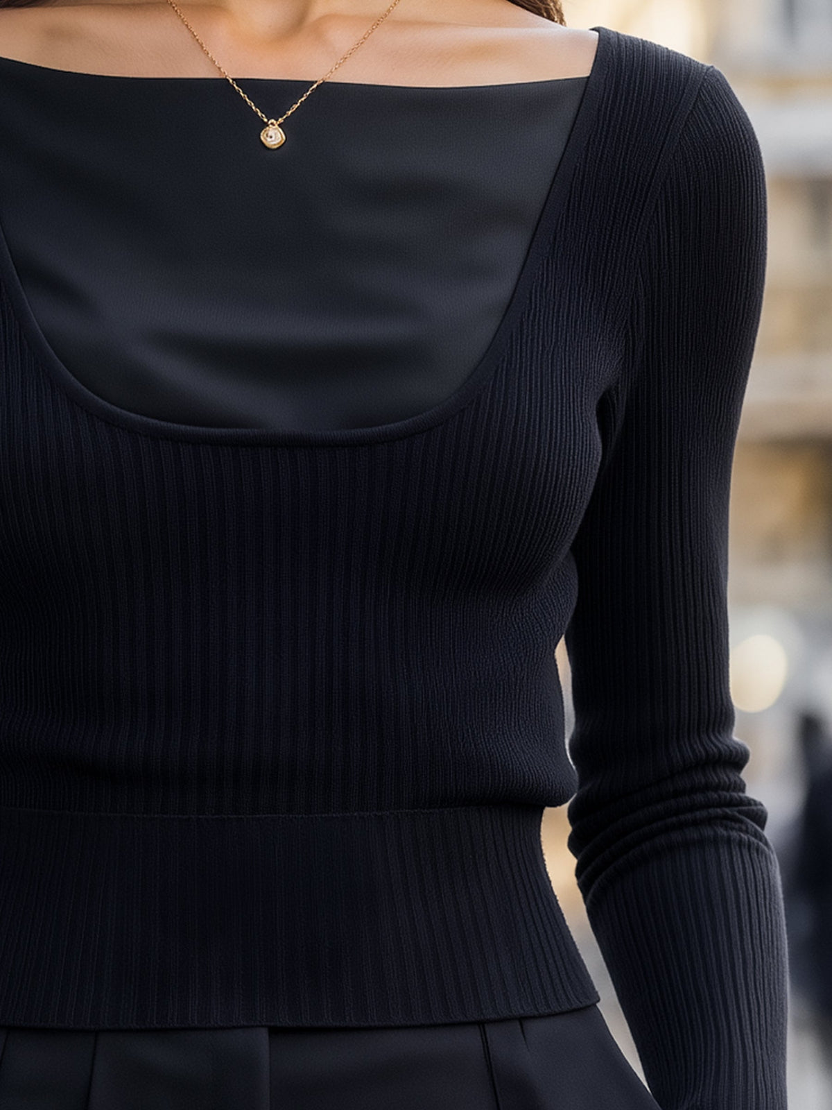 Scoop Neck Contrast Panel Ribbed Knit Sweater