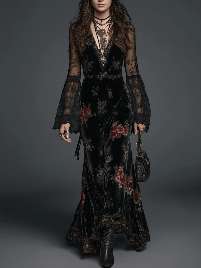 Midnight Romance Enchanting Floral Velvet Maxi Dress for Mystic Vacations