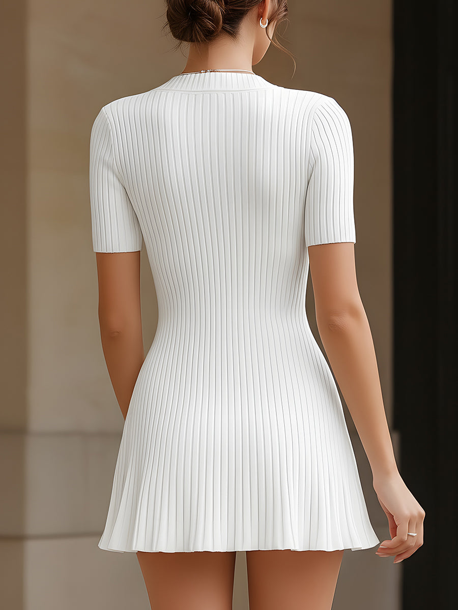 White Ribbed Knit V-Neck Fit-and-Flare Dress