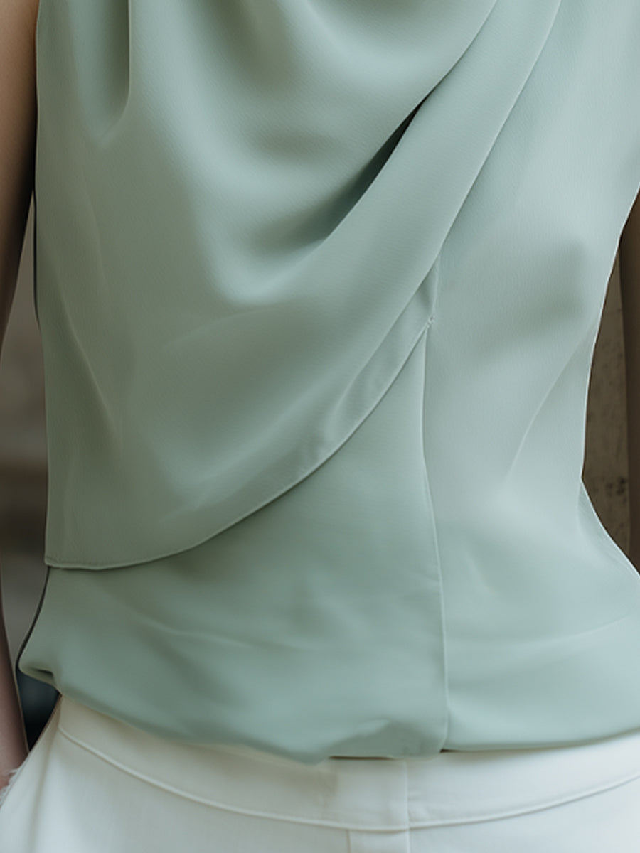 Draped Sleeveless Asymmetric Neckline Tailored Top