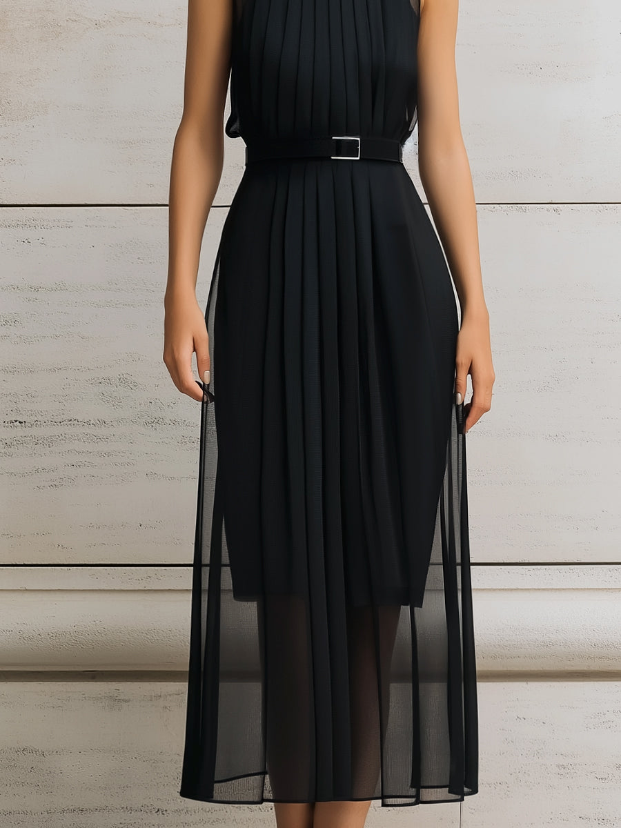 Pleated High-Neck Belted Layered Midi Dress