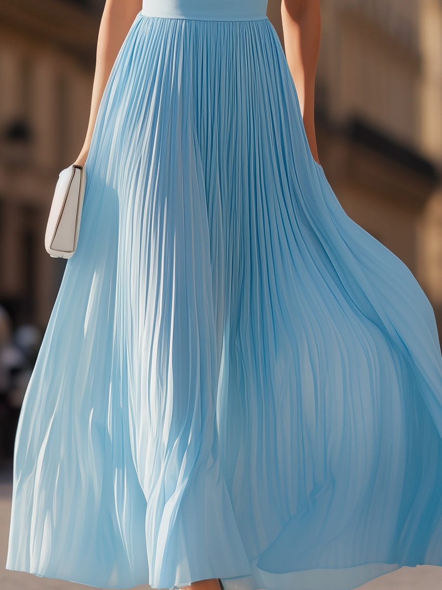 Sky Blue Halter Pleated Maxi Dress