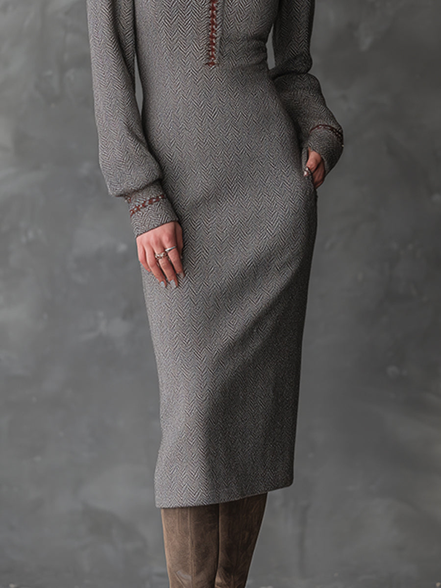 Elegant Bohemian Ash Taupe Sculpted Herringbone Knit Midi Dress