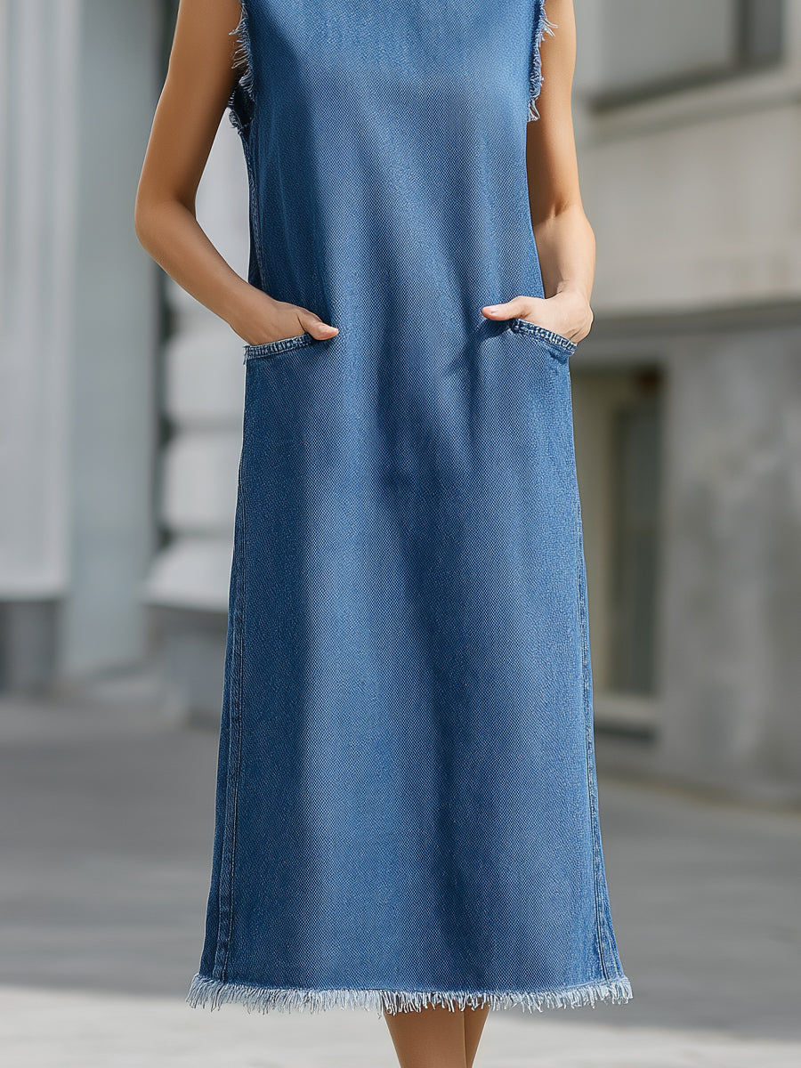 Sleeveless High-Neck Fringed Raw-Edge Denim Midi Dress