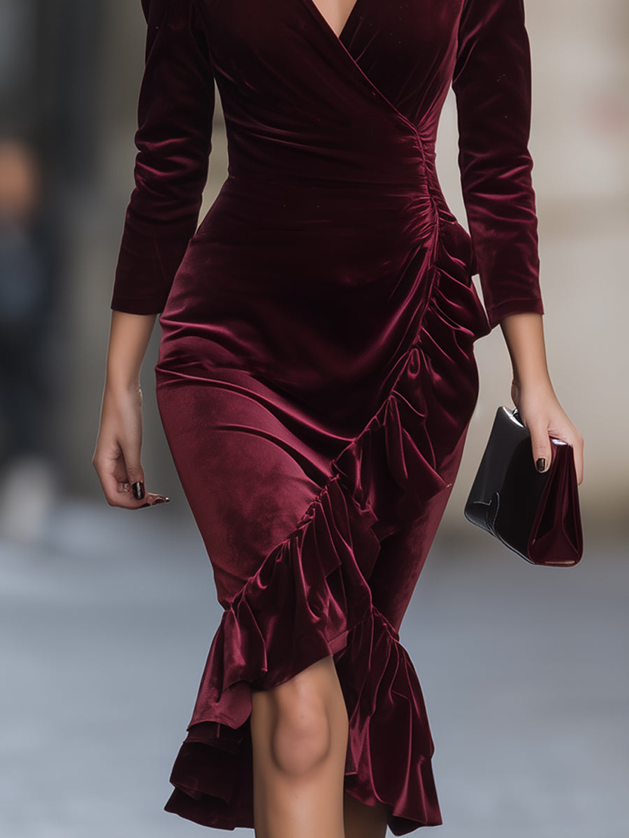 Burgundy Velvet Wrap Midi Dress ¨C Luxe Silhouette With Romantic Ruffles