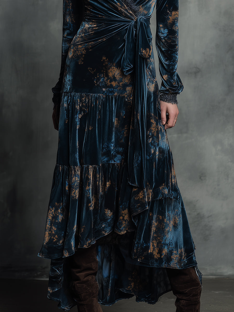 Quiet-boho Azure Mirage Velvet Wrap Maxi Dress