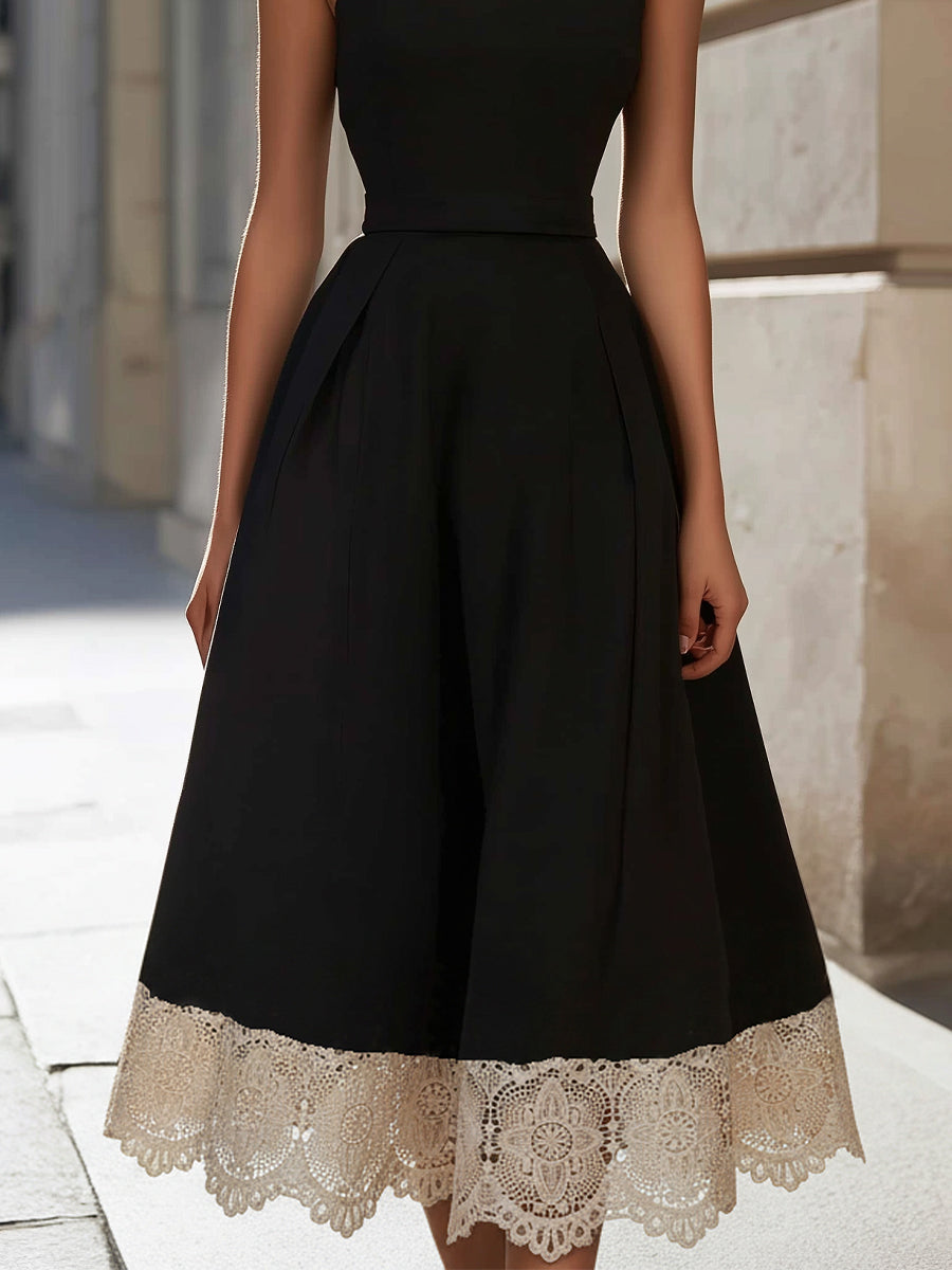 Elegant Square-Neck Sleeveless Midi Dress With Lace Hem