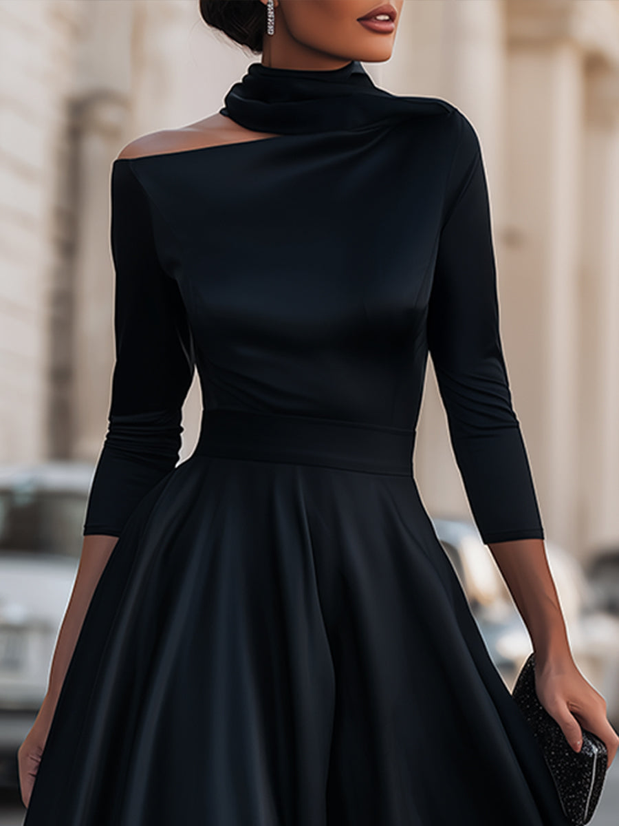 Asymmetric High-Neck Long Sleeve Midi Dress