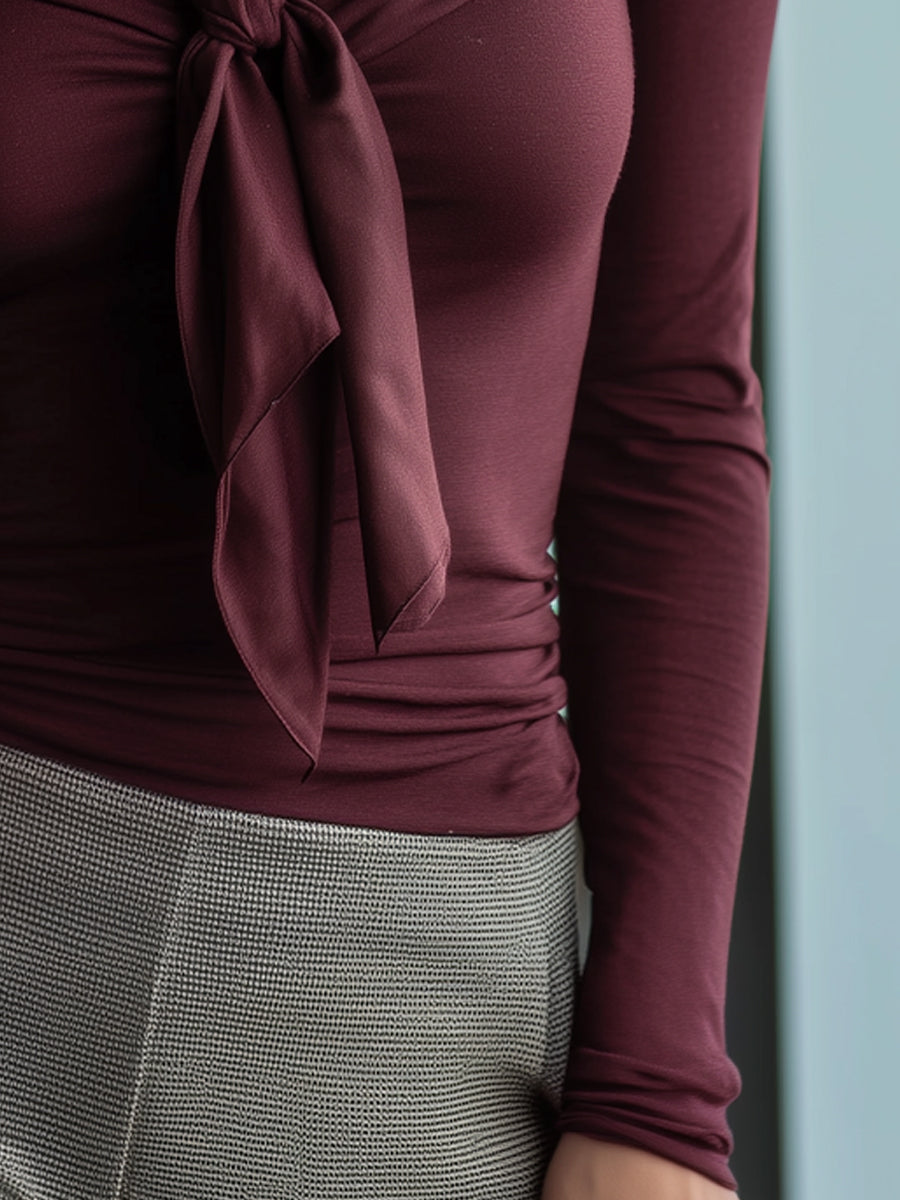 Burgundy Ruffled Tie-Neck Long Sleeve Top