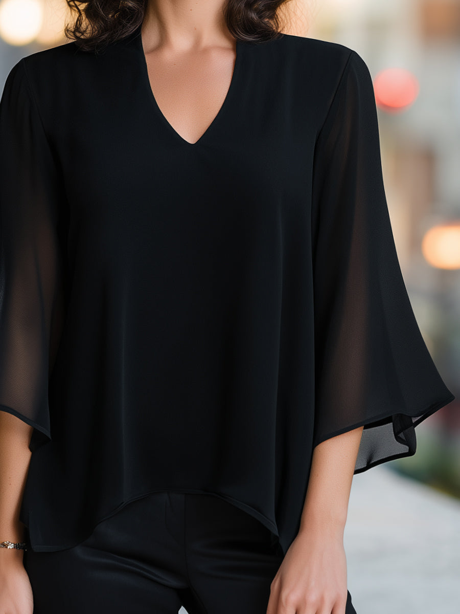 V-Neck Chiffon Cape-Sleeve Blouse