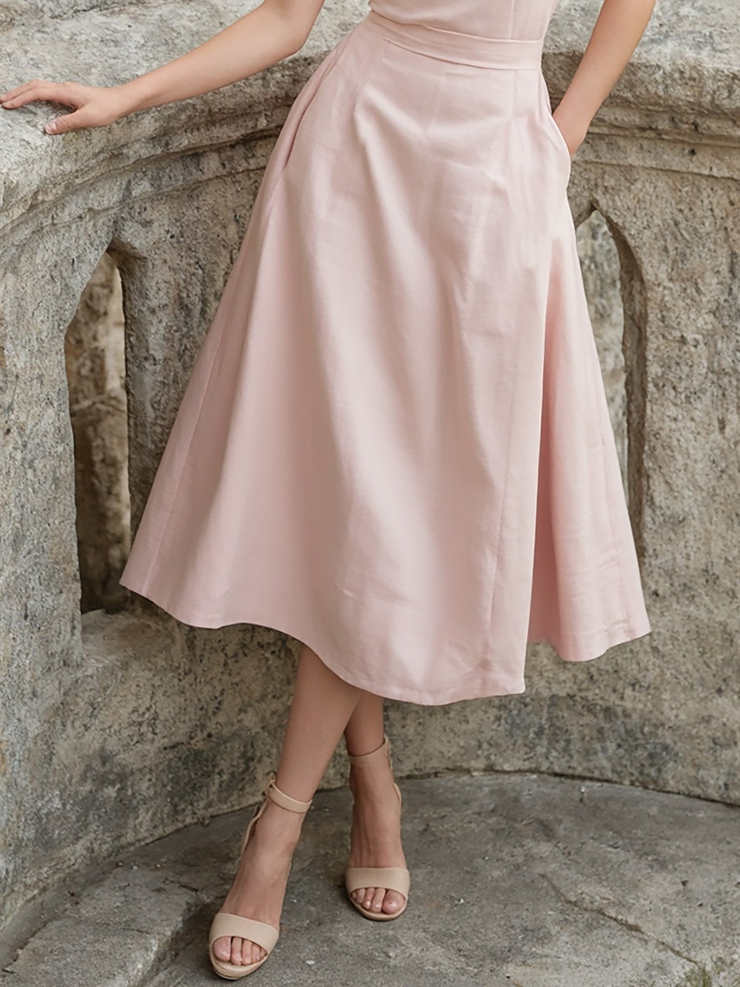 Midi Linen Dress , Cap Sleeves, Round Neck, Plain, Pocket Design, French Vintage, Light Pink