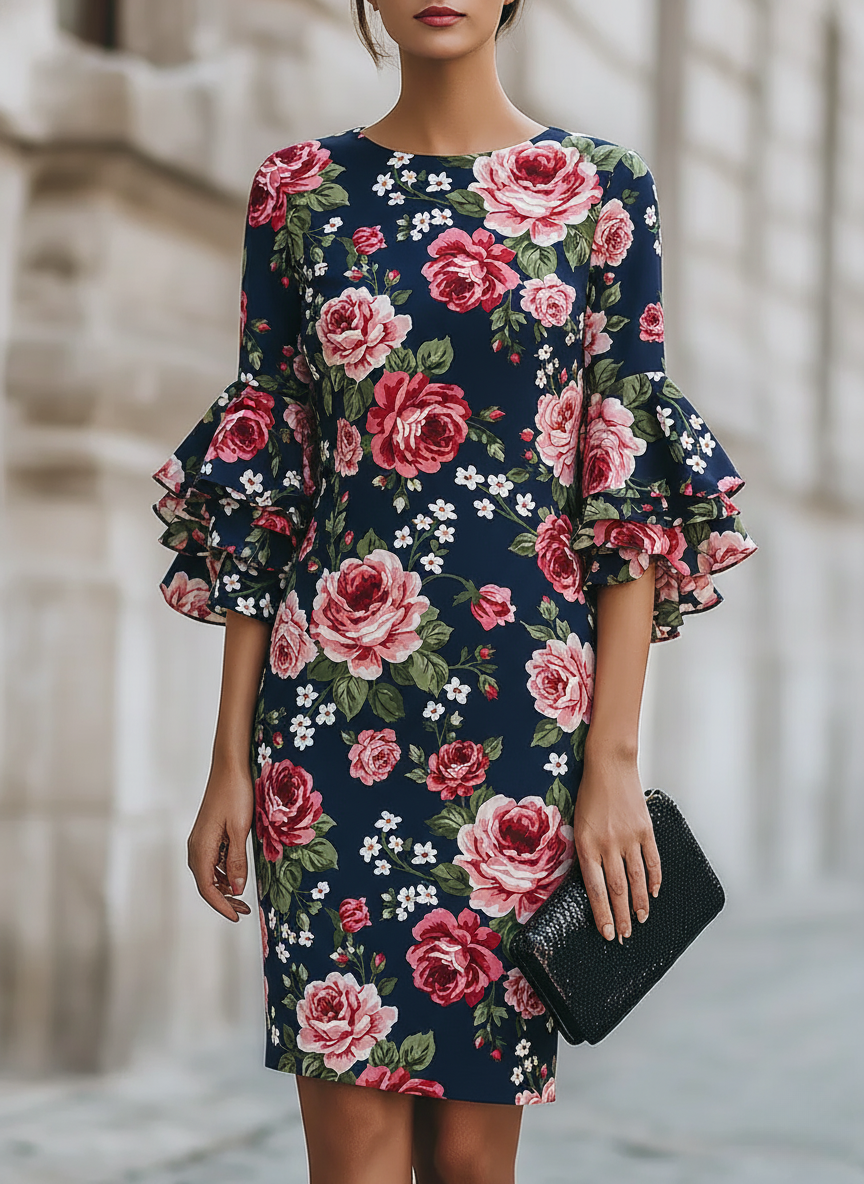Navy Blue Rose Ruffle Dress
