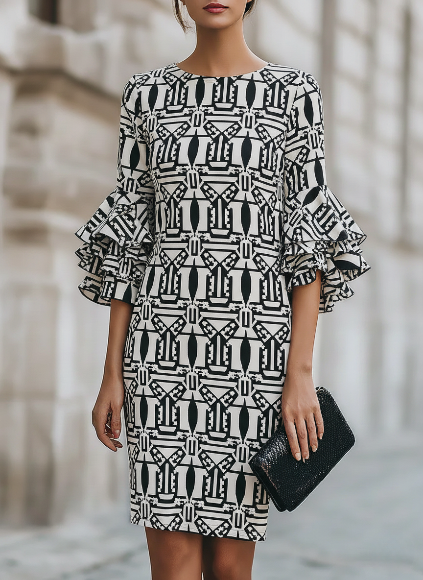 Black & White Geometric Print Dress with Ruffled Cuffs