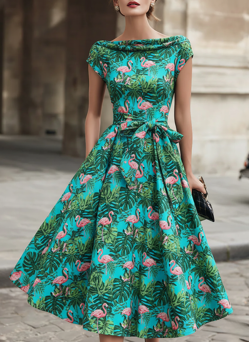 Teal Flamingo Print Fit & Flare Dress
