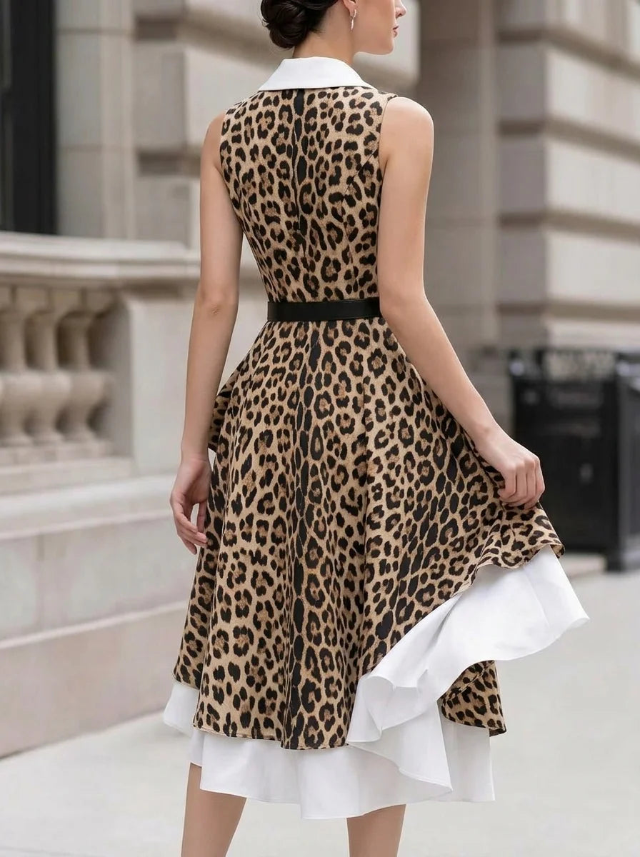 White Lapel Sleeveless Belted Leopard Print Contrast Irregular Tiered Midi Dress