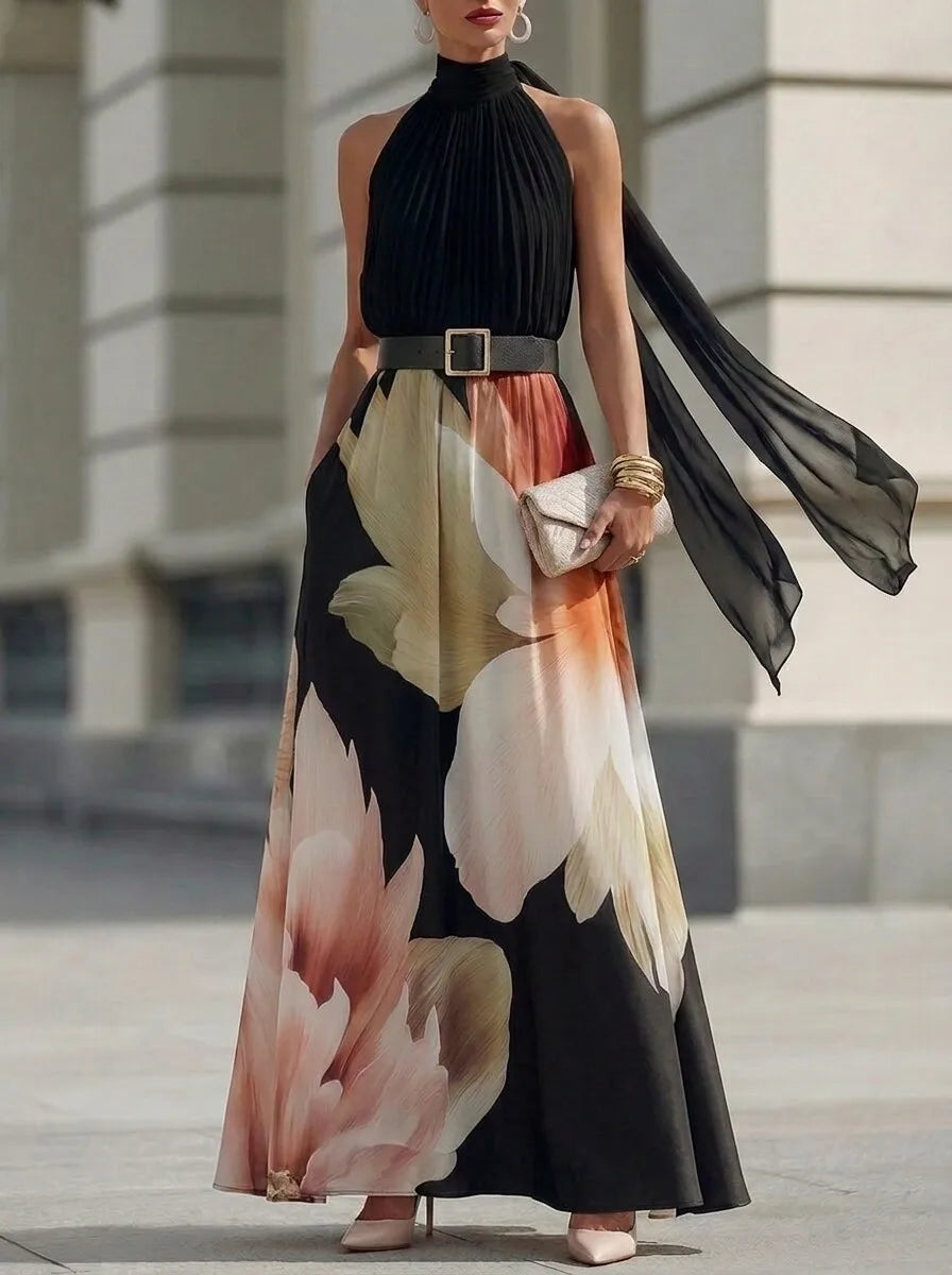 Halter Sash Big Floral Print Belted Black Maxi Dress
