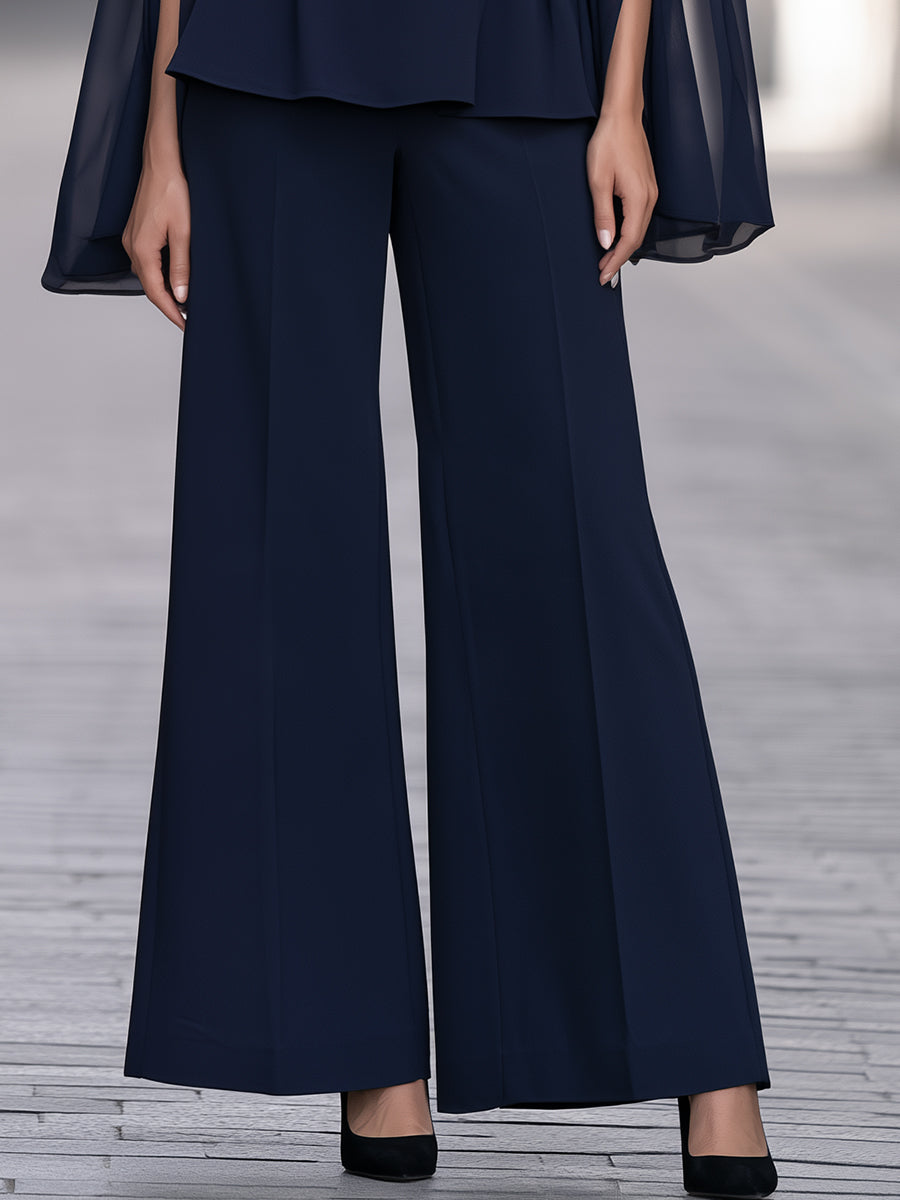 Elegant Chiffon Slit-Sleeve Peplum Top & Wide-Leg Pants Two-Piece Set