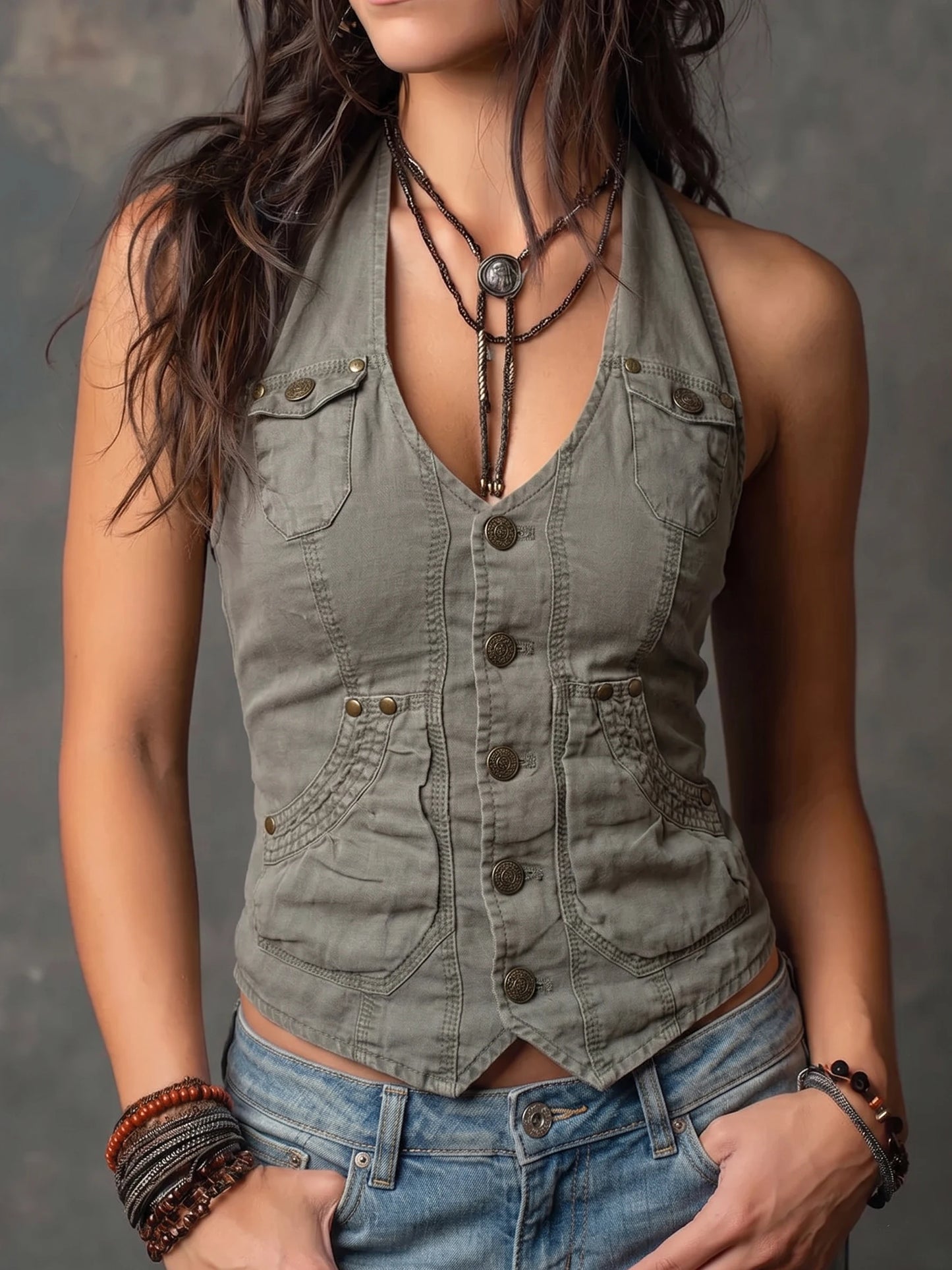 Women Halter Neck Button Down Utility Pocket Fitted Sage Green Vest Top
