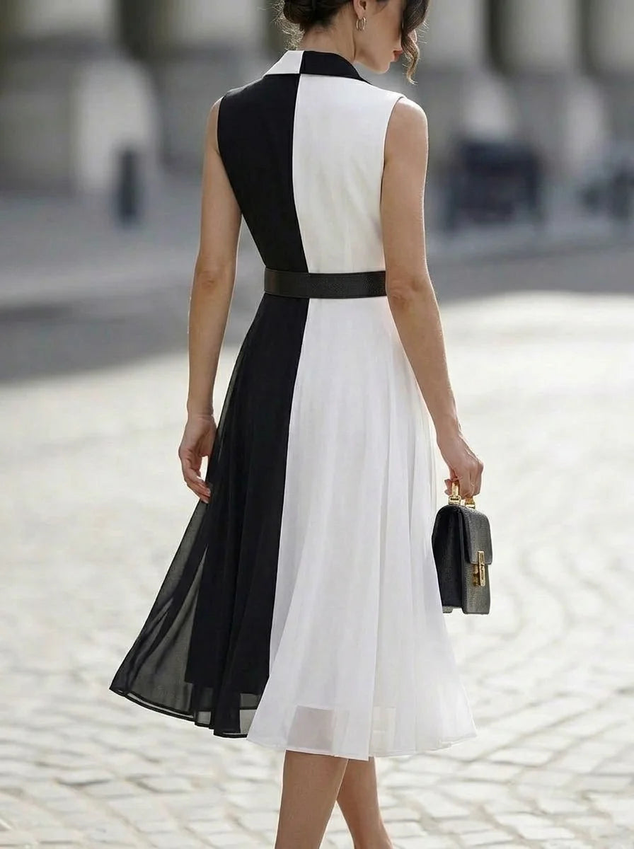 Blazer Collar Color Block Belted Sleeveless Chiffon Midi Dress