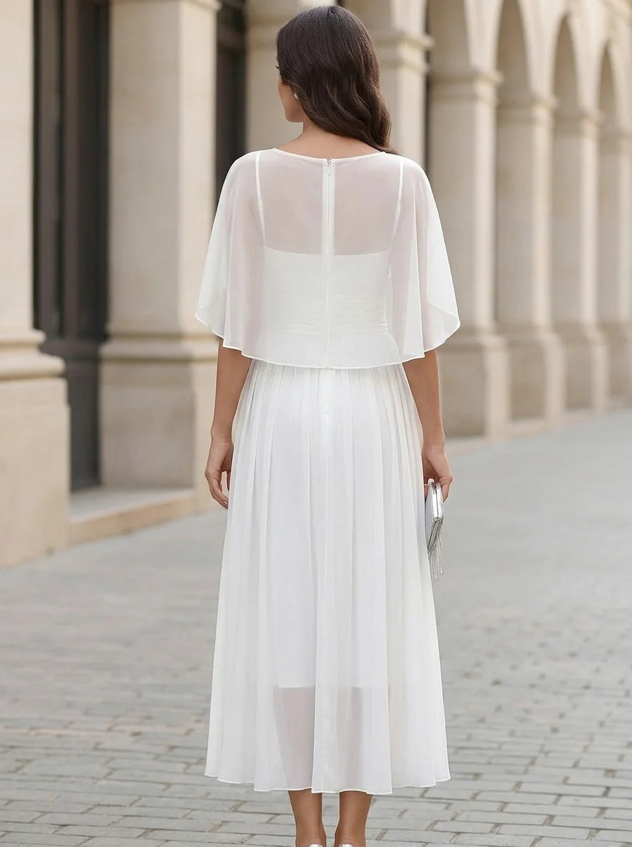White Cape Sleeve Waisted Pleated Chiffon Midi Formal Dress