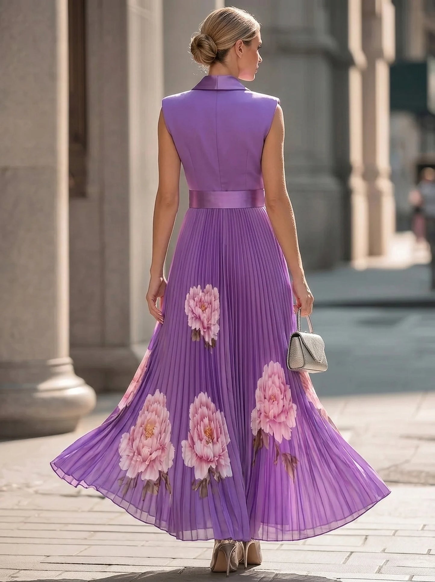 Lapel Sleeveless Waisted Peony Print Pleated Maxi Dress