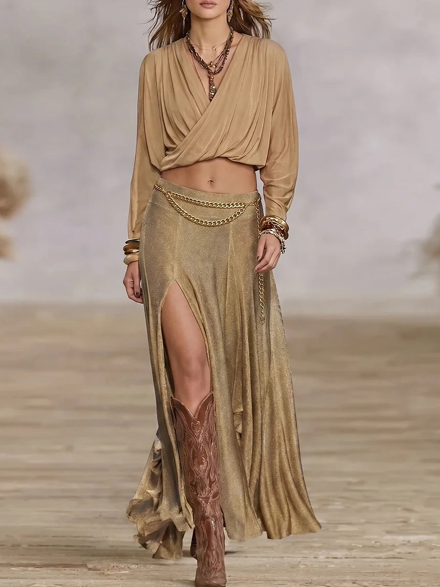 Khaki Wrap V-neck Crop Top & Shimmer Gold High Slit Maxi Skirt Set