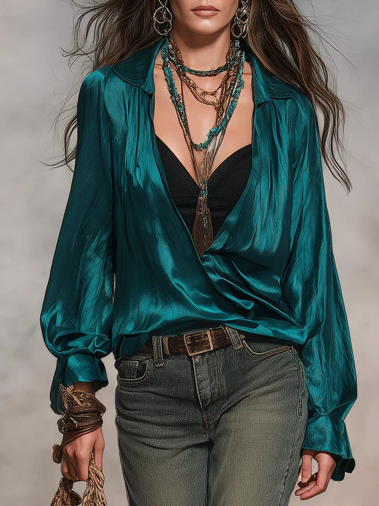Peacock Green Satin Lapel Twist Wrap Long Sleeve Blouse