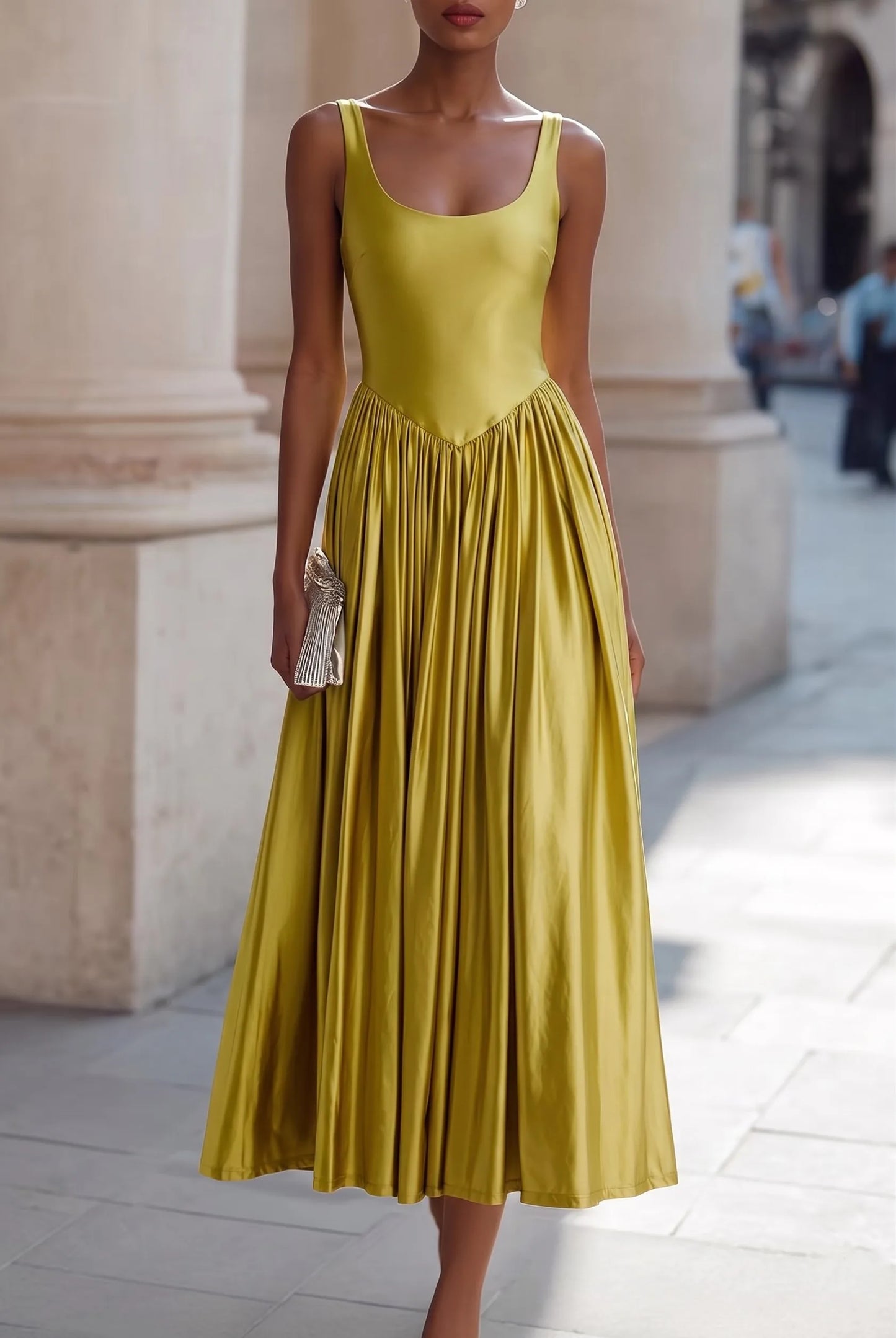 Mustard Yellow U-neck V-waist Ruched Satin Flared Midi Dress