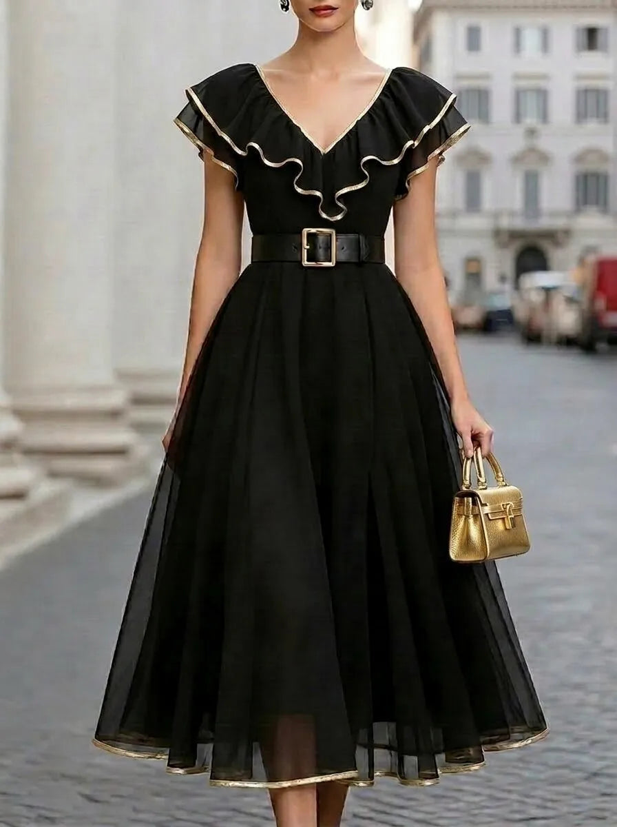 V Neck Gold Trim Ruffle Belted Black Chiffon Midi Evening Dress