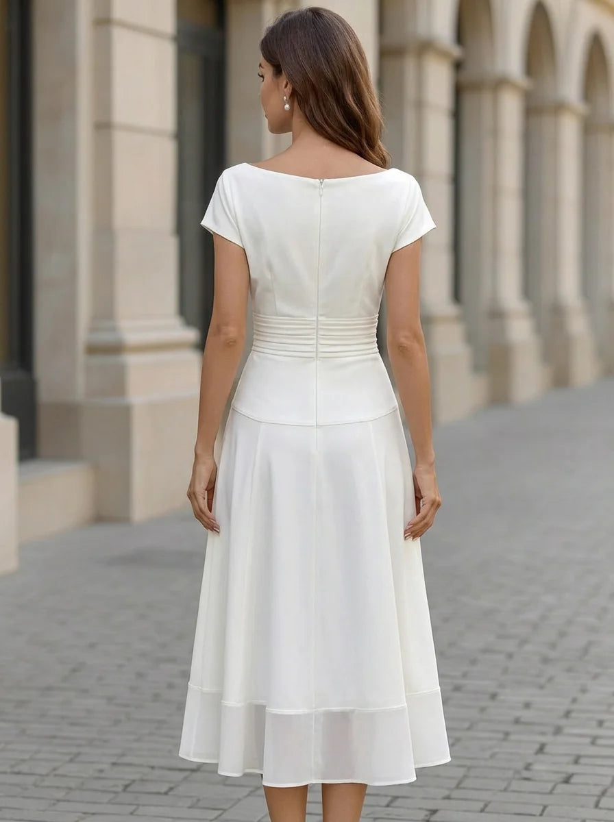 Off Shoulder Draped Ruched Waist Chiffon Hem White Midi Formal Dress