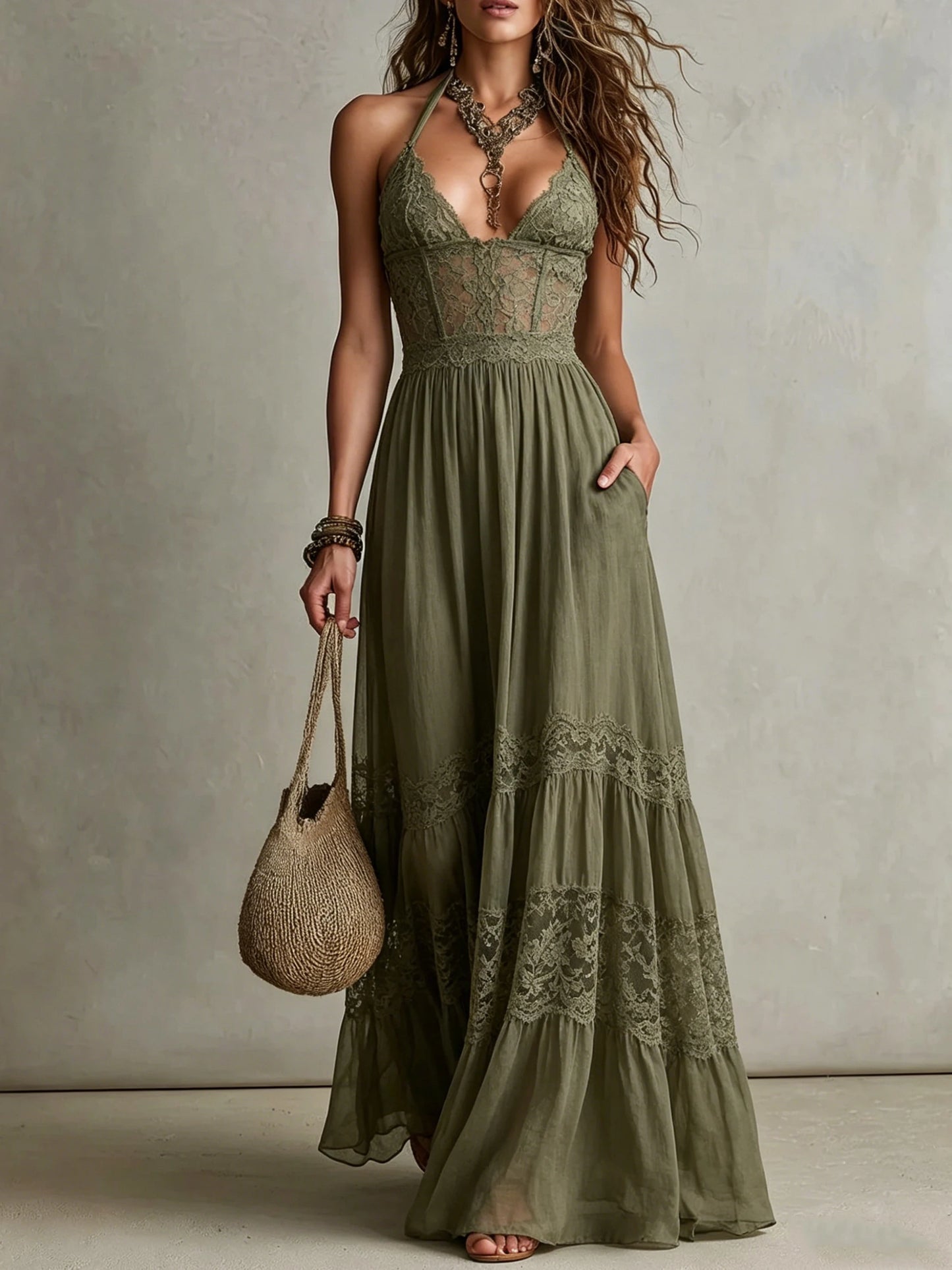 Women Halter Deep V Lace Corset Tiered Linen Blend Maxi Dress with Pockets