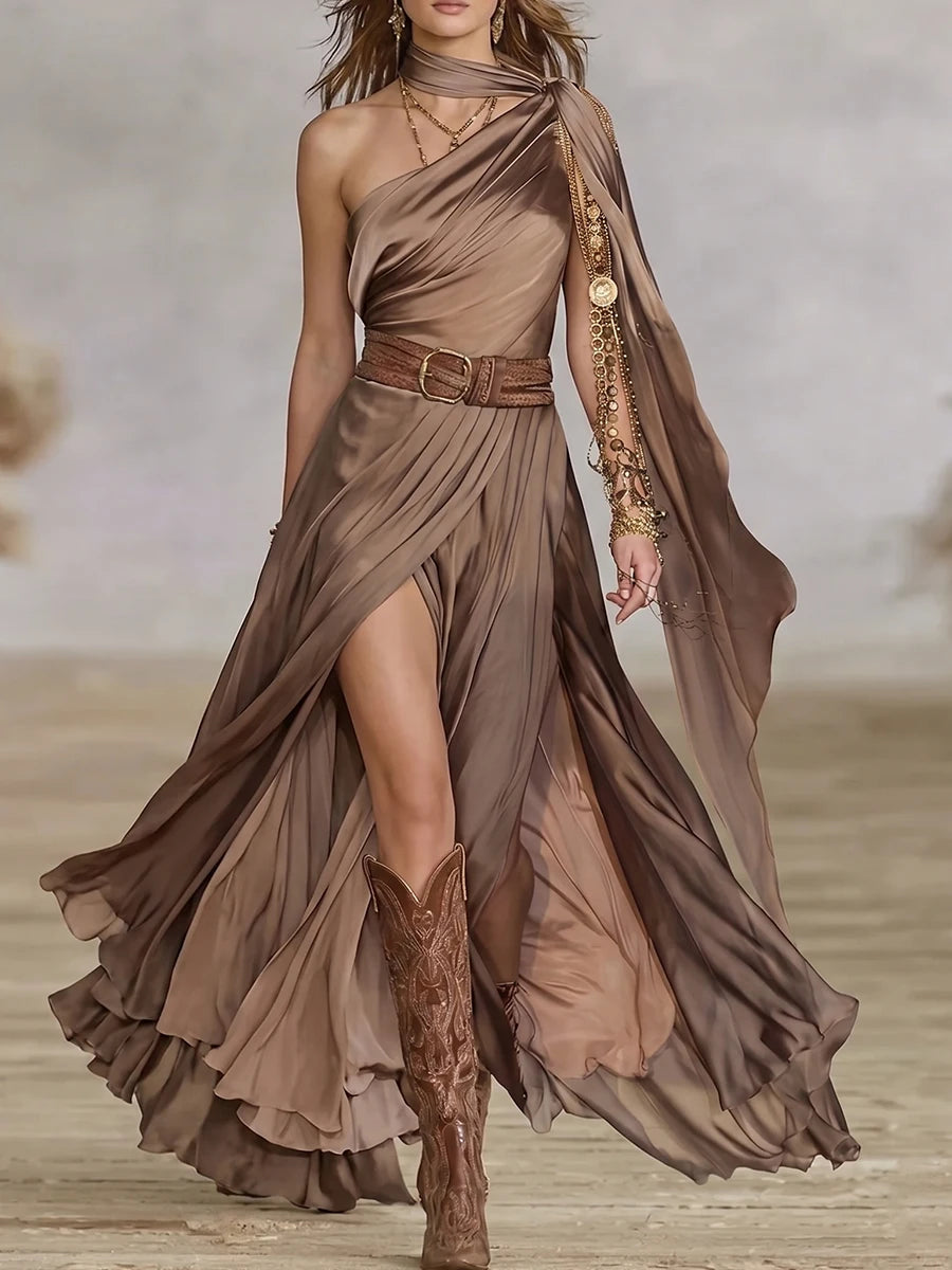 Coffee Halter One Shoulder Sash Satin High Slit Waisted Maxi Dress