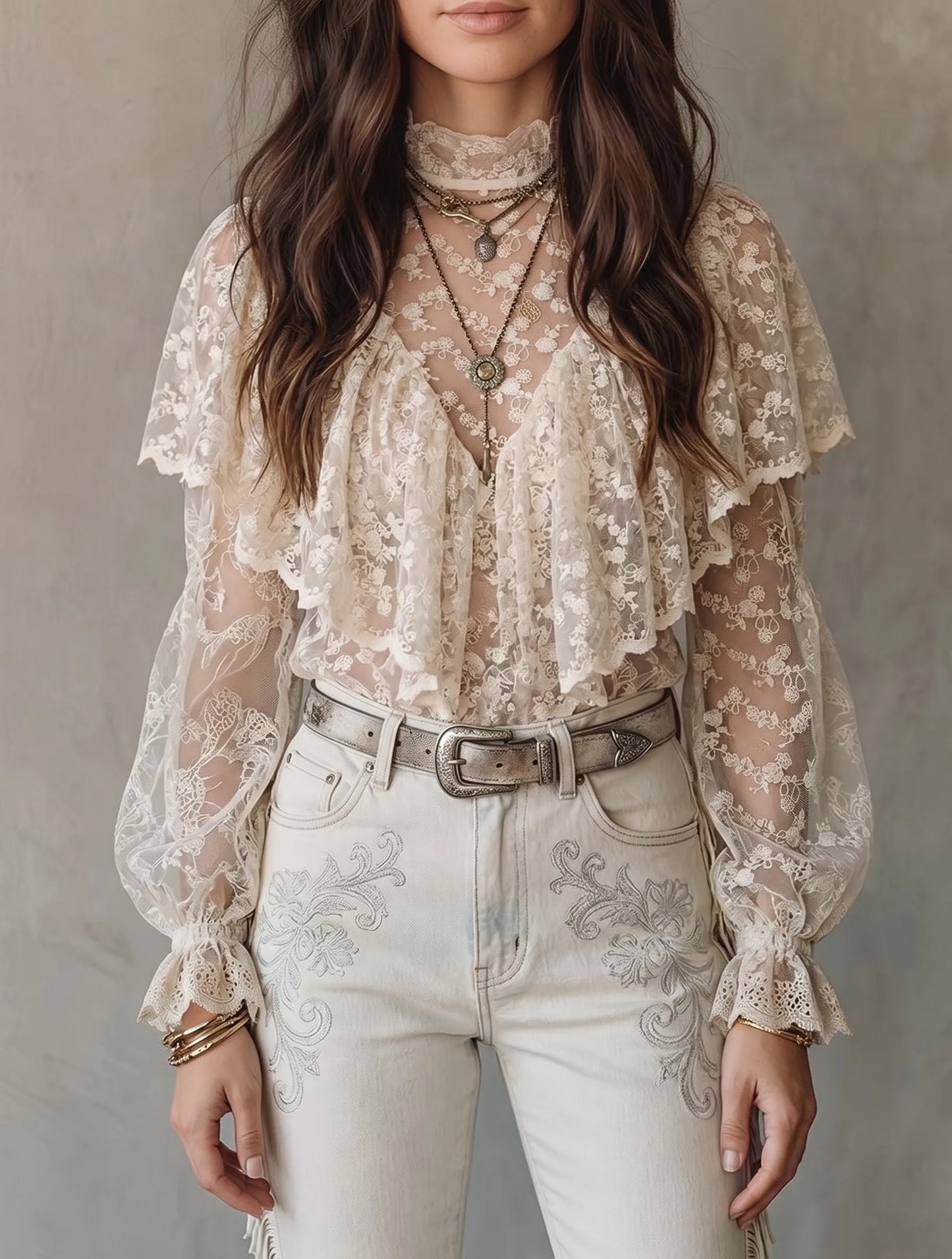 Beige Lace High Neck Ruffle Sheer Lantern Sleeve Crop Blouse