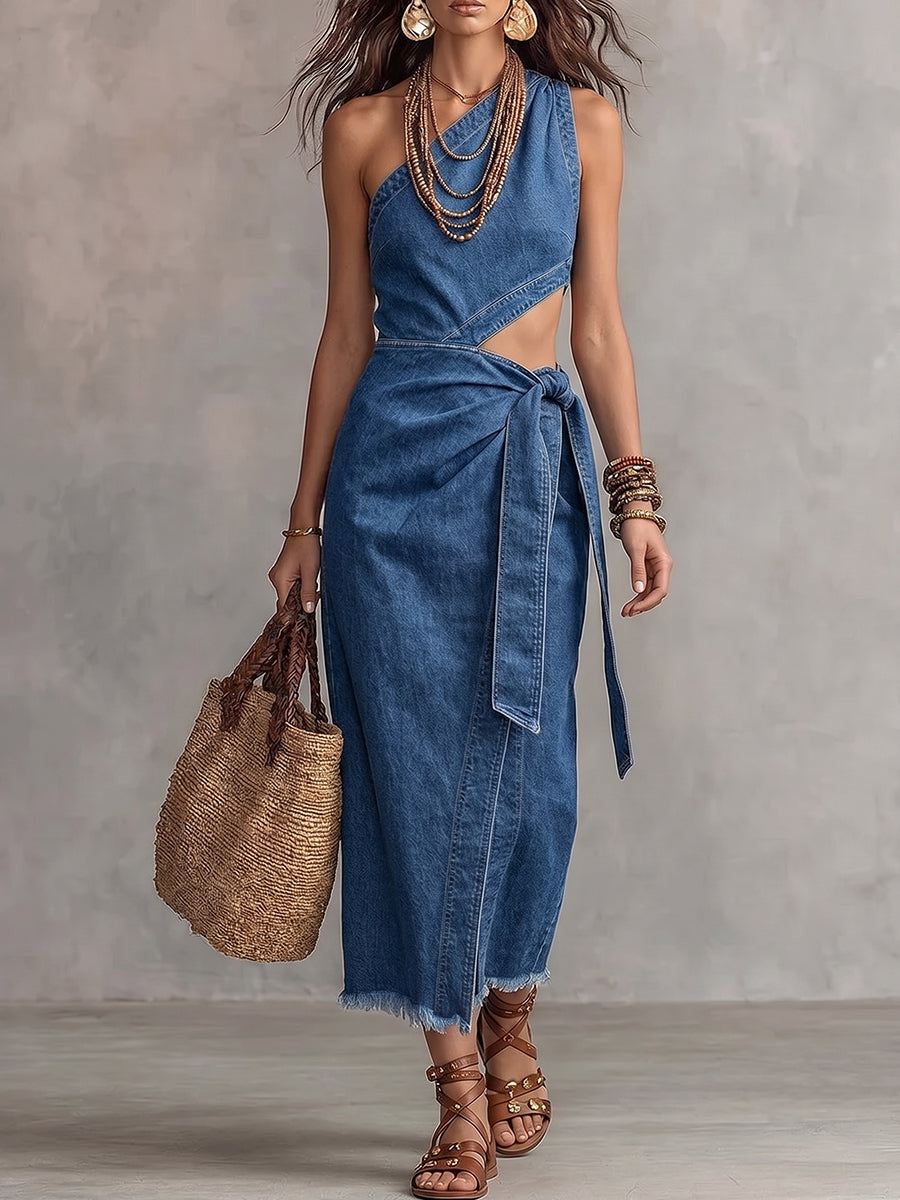 Asymmetric One-Shoulder Tie-Waist Denim Dress