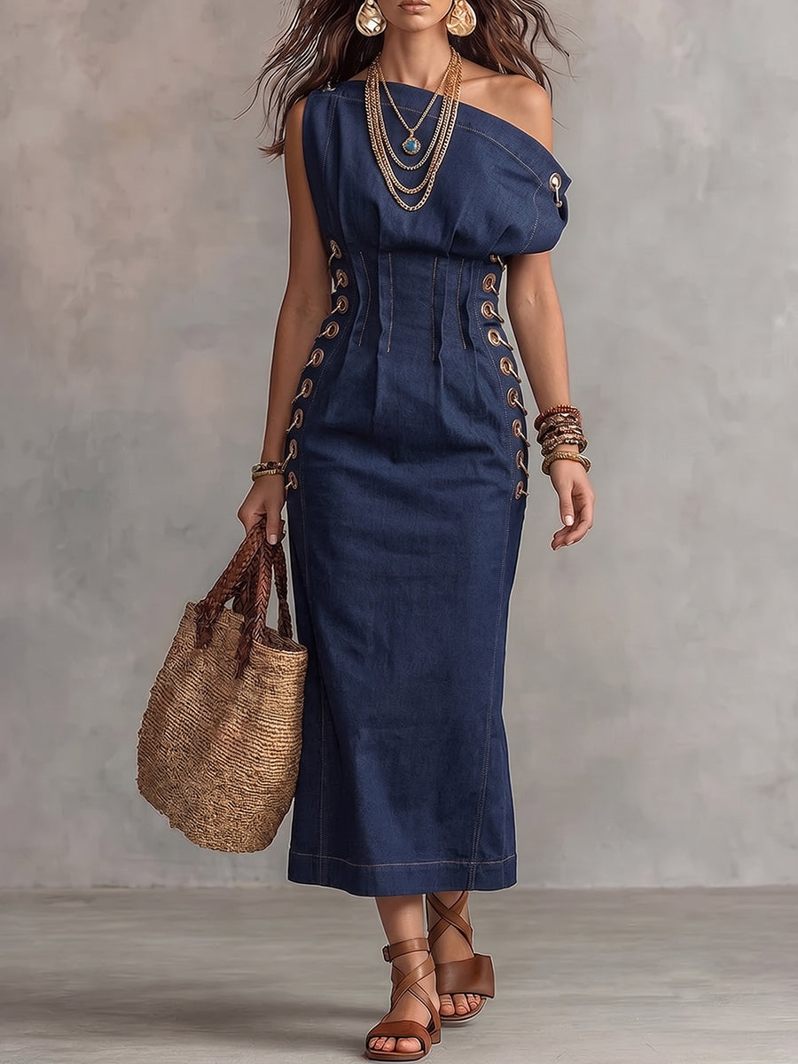 Dark Denim One-Shoulder Side Lace-Up Midi Dress