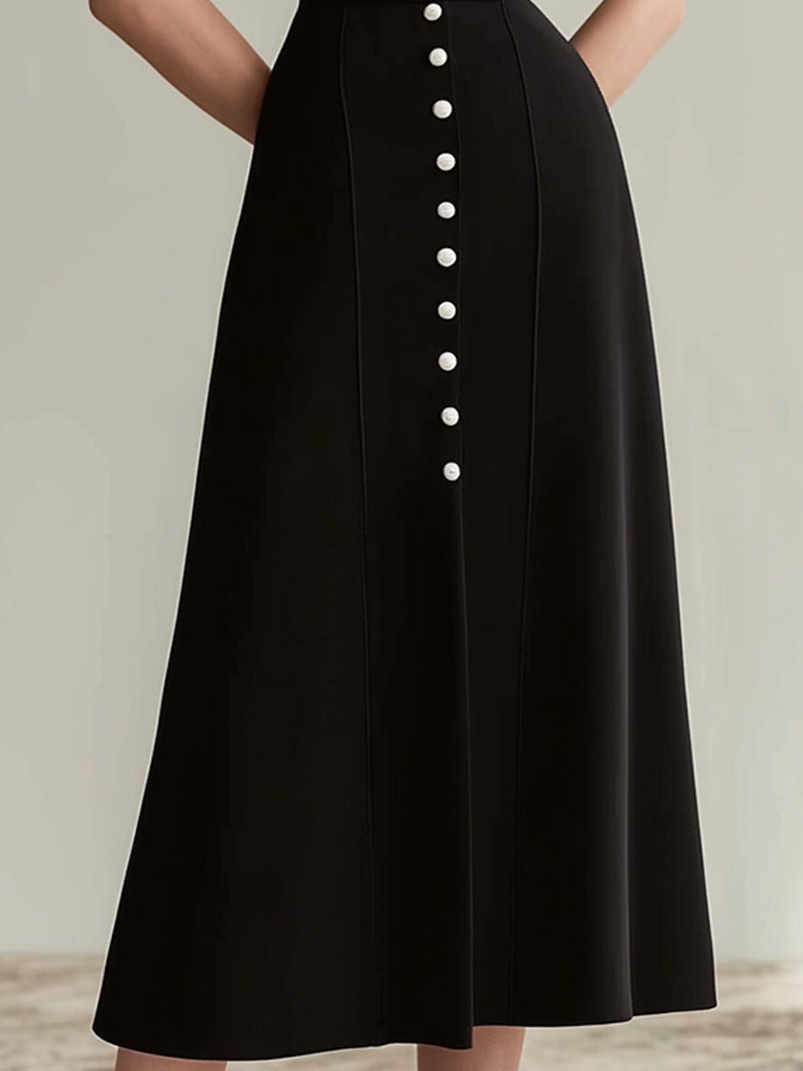 Black Tailored Button-Front Midi Dress With Short Sleeves