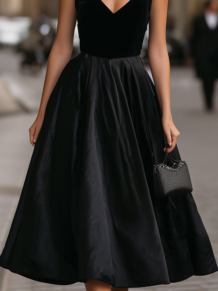 Classic Black Velvet & Taffeta V-Neck Midi Dress