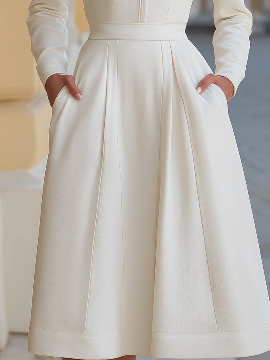 White Structured Zip-Front Pleated Midi Dress
