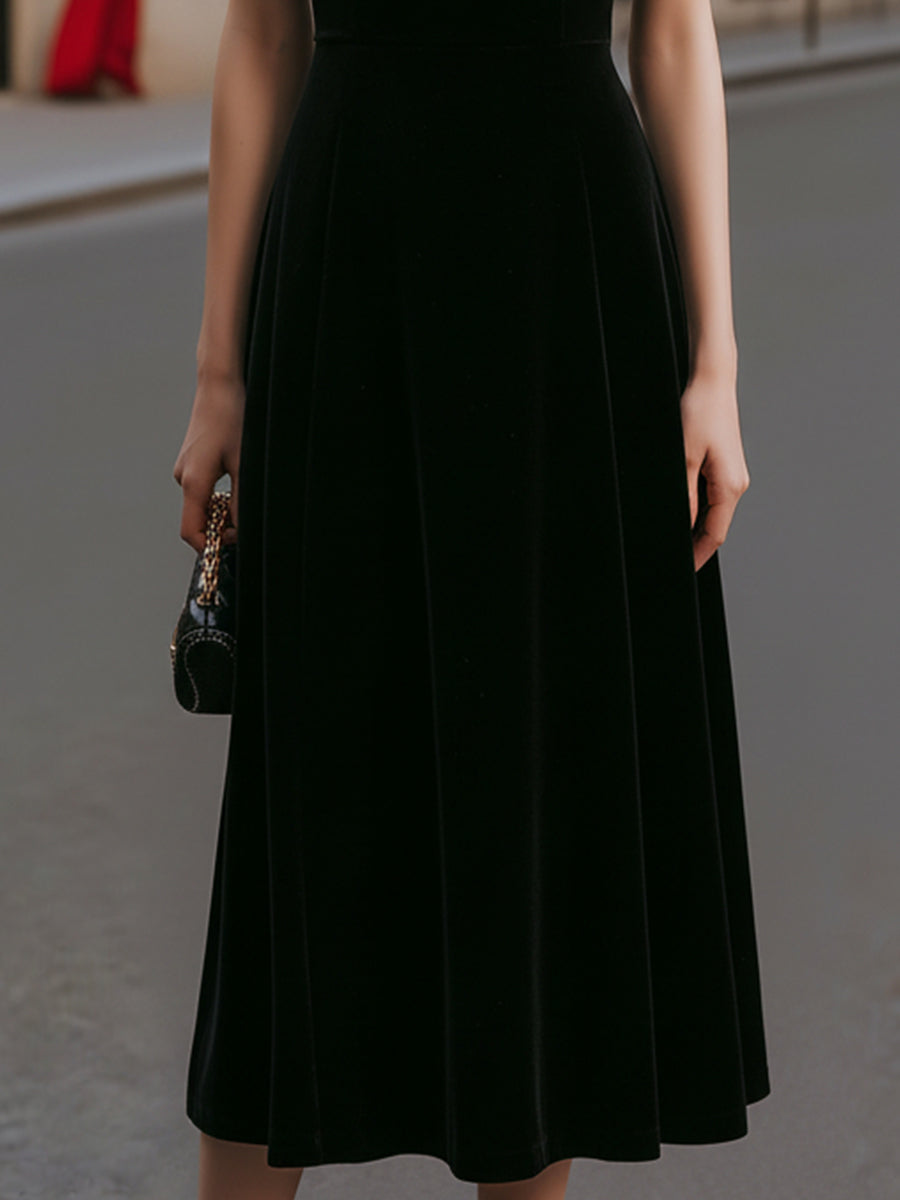 Black Velvet Square-Neck Midi Dress