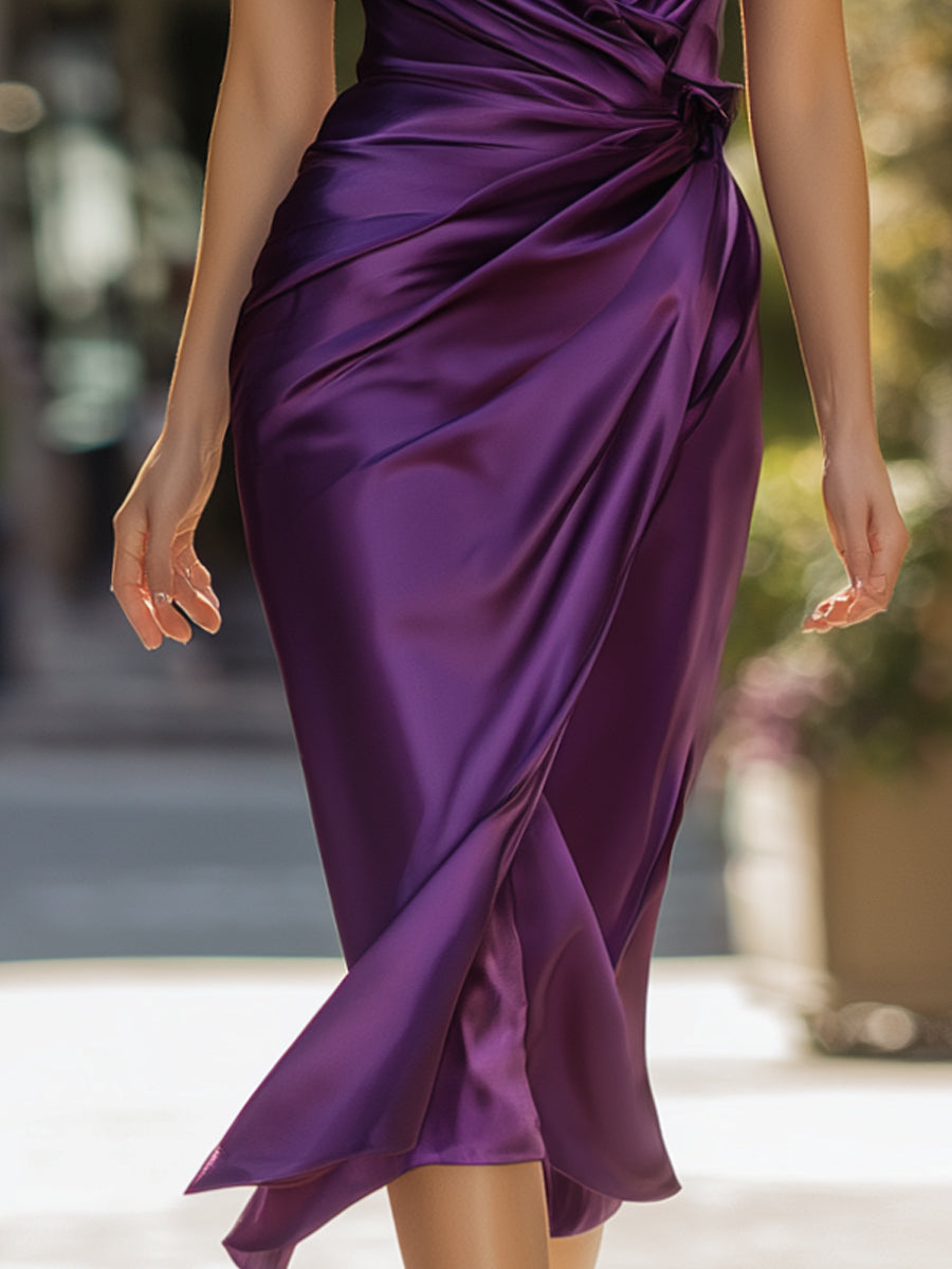 Deep Purple Satin Wrap Midi Dress With Draped Waist