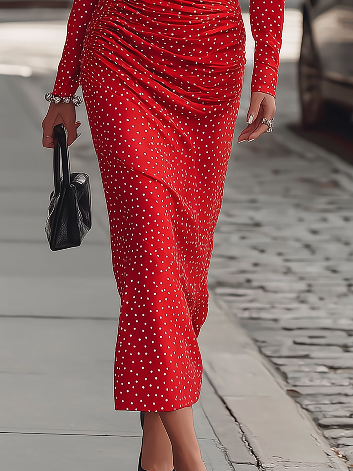 Elegant Red Polka Dot Satin Midi Dress