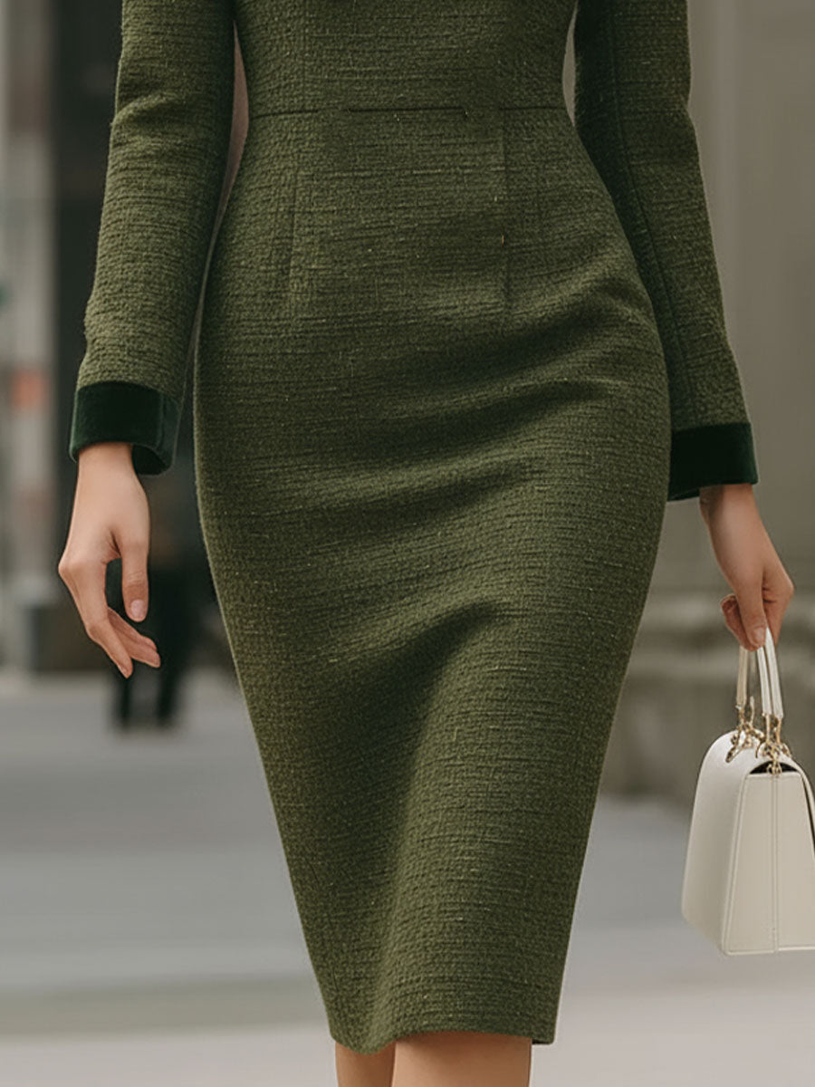 Elegant Olive Green Tweed Sheath Dress With Gold Buttons