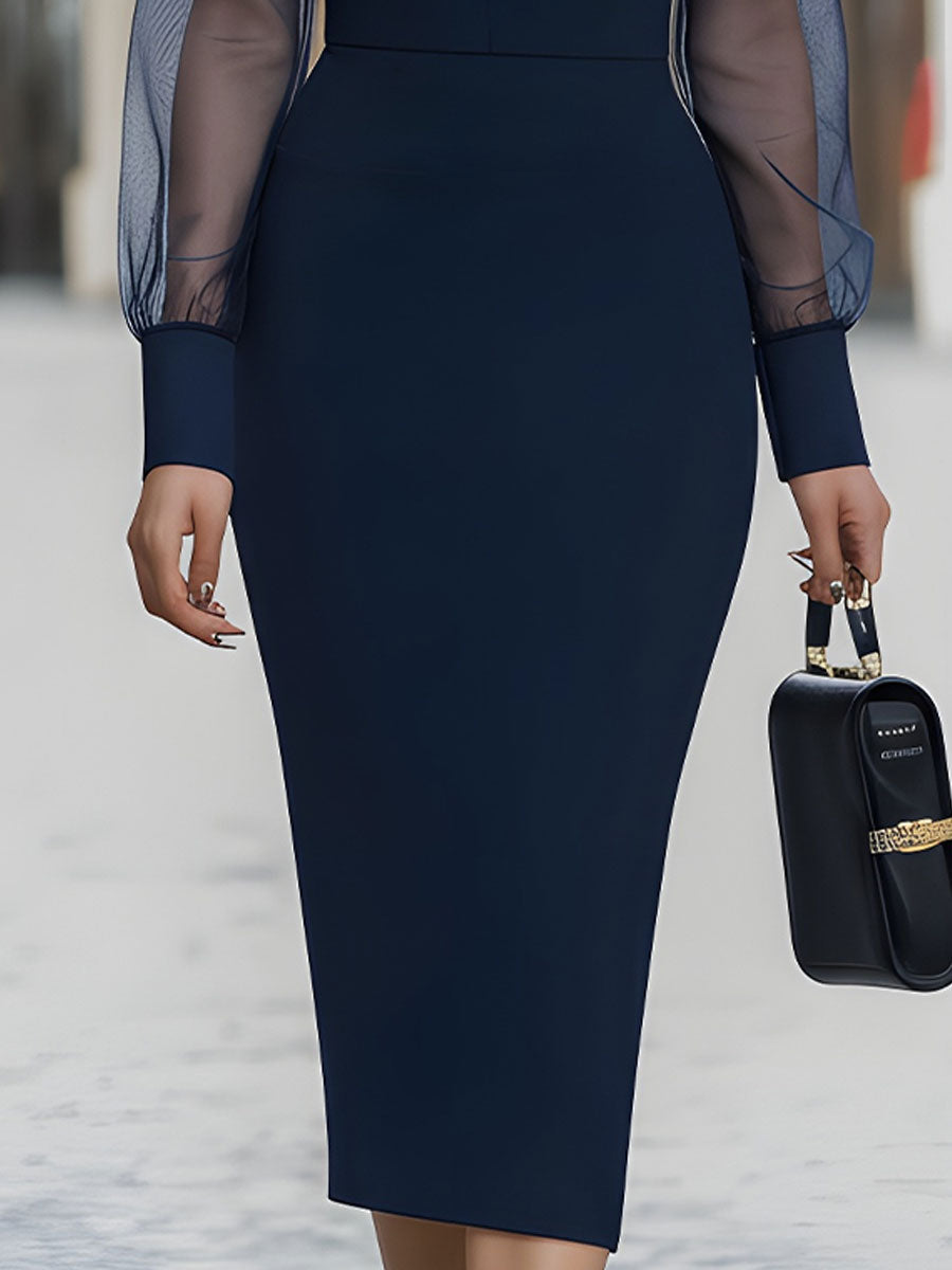 Navy Sheer-Sleeve Shirt Collar Bodycon Dress