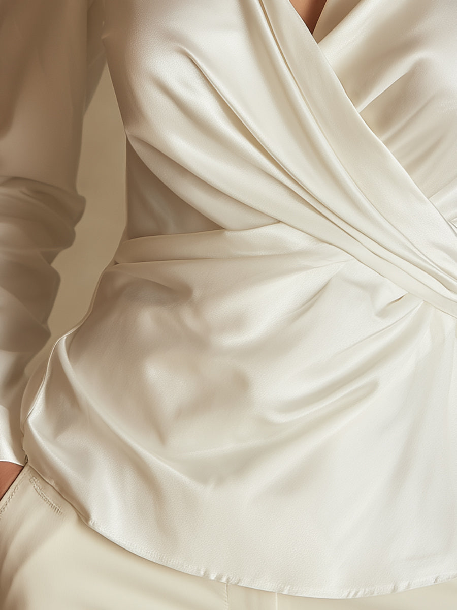 White Satin Fold-Front Blouse With Sculpted Draping
