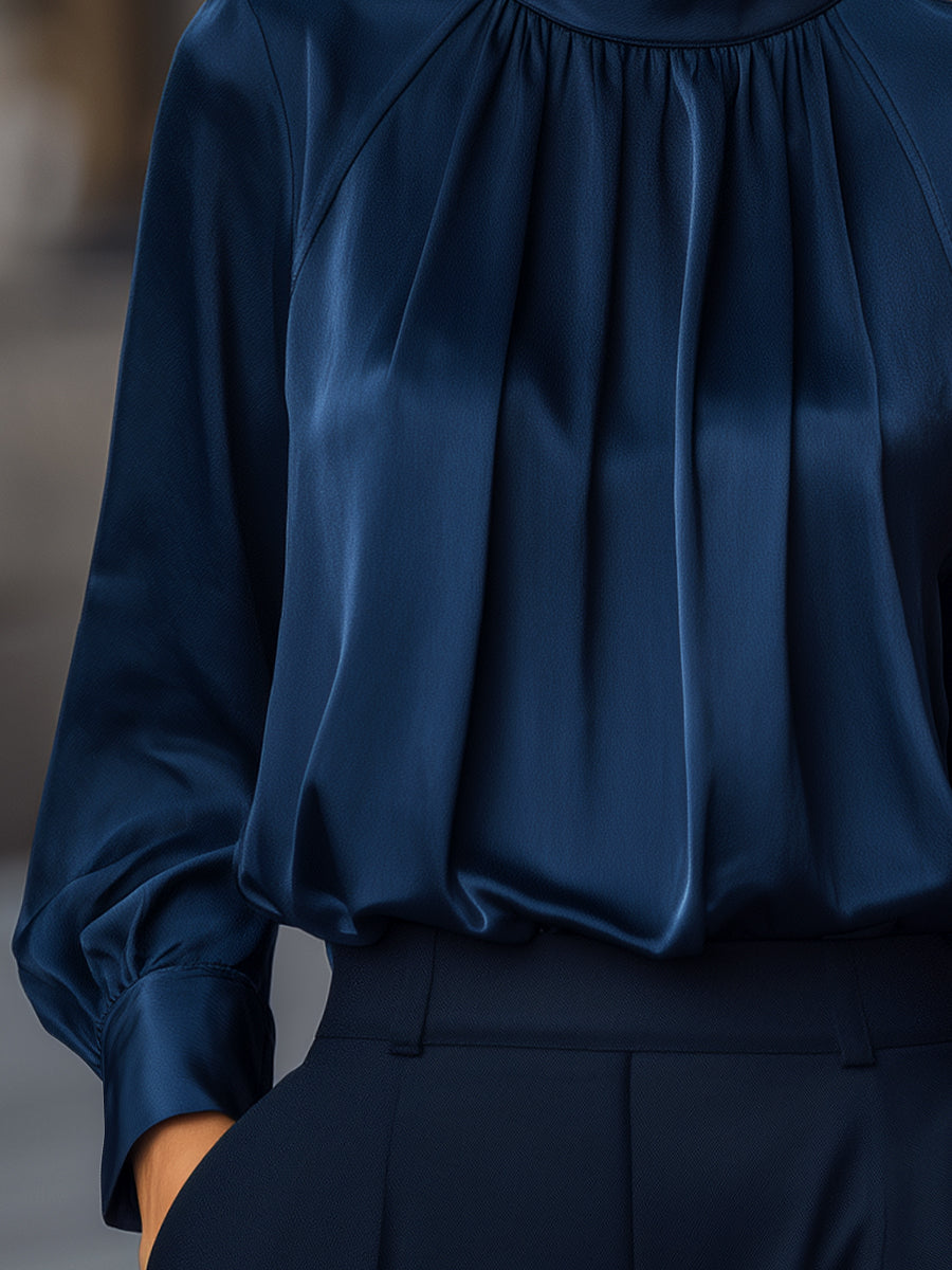 High-Neck Satin Pleated Long Sleeve Blouse