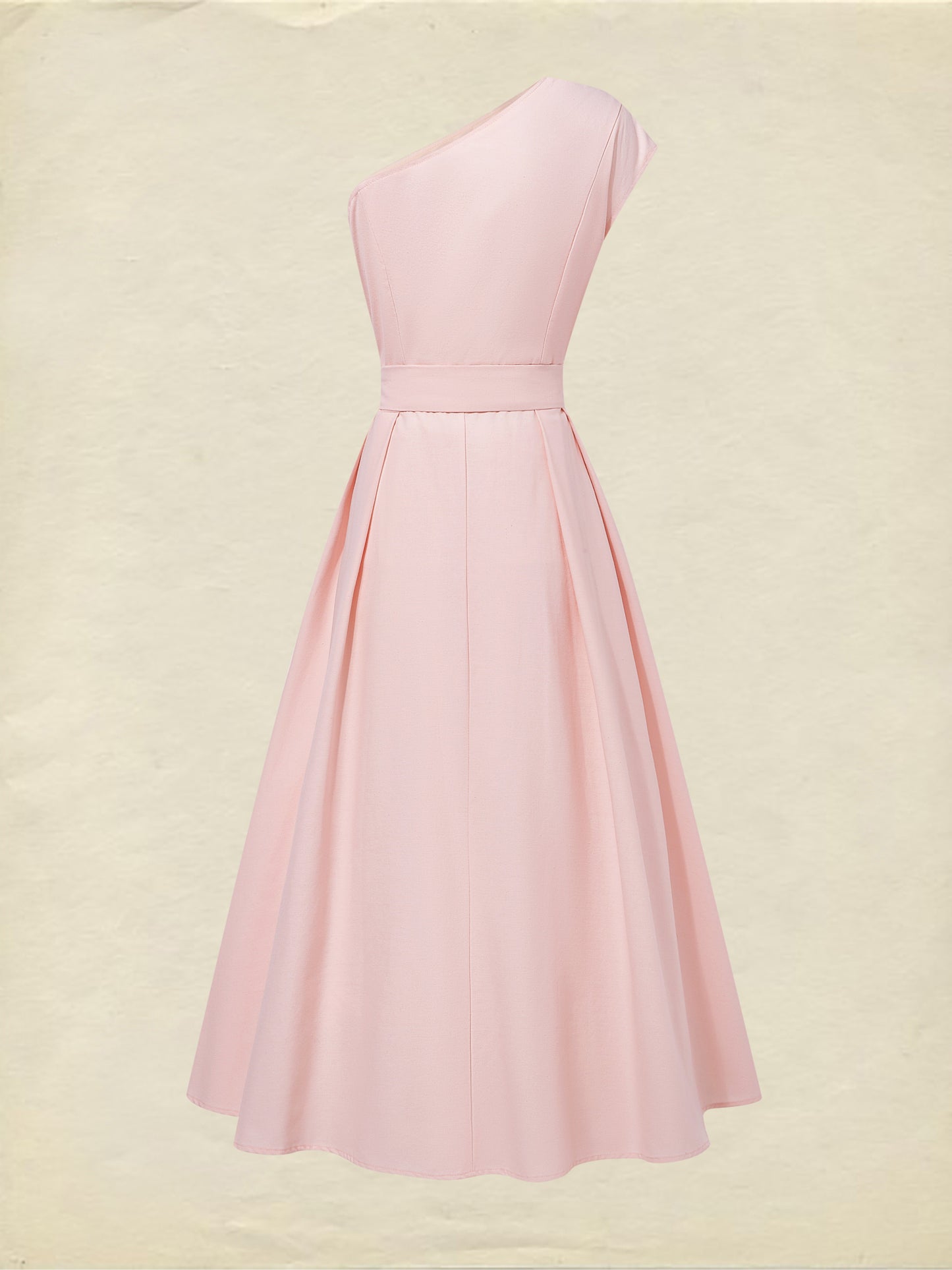 Maxi Cotton Dress , Sleeveless, One shoulder, Plain, Belt Design, Vintage, Light Pink