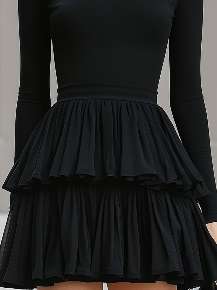 Black Turtleneck Tiered Ruffle Mini Dress